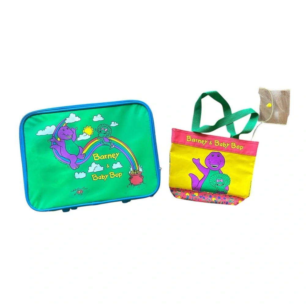 Barney & Baby Bop Suitcase & Small Tote Bag Set VINTAGE - Picture 1 of 9